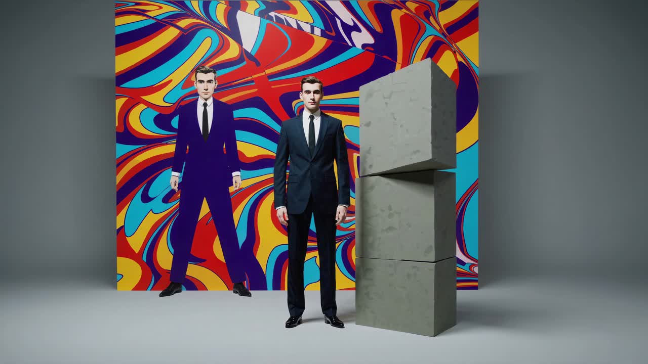 추상적인 다채로운 배경 앞에 큐브와 함께 포즈를 취하는 세련된 남자