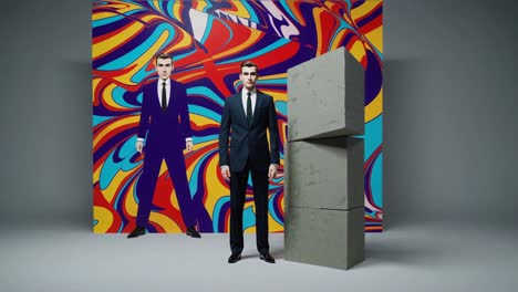 hombre elegante posando con cubos frente a un fondo abstractamente colorido