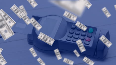 animación de billetes de dólares estadounidenses que caen sobre el terminal de pago