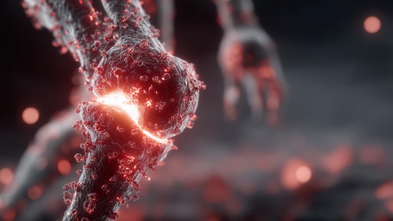 Esplorando le complessità delle dinamiche articolari: una visualizzazione dettagliata del tessuto sinoviale e delle risposte biologiche in una sequenza di animazione 3D