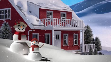 Animation-Von-Schnee,-Der-über-Eine-Weihnachtslandschaft-Mit-Haus-Und-Zwei-Schneemännern-Fällt