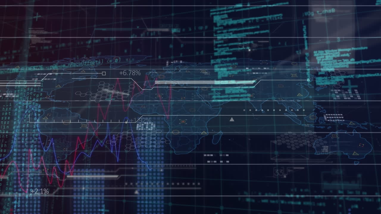 animación de gráficos y lenguaje informático sobre mapas, cuadrados y patrones hexagonales.