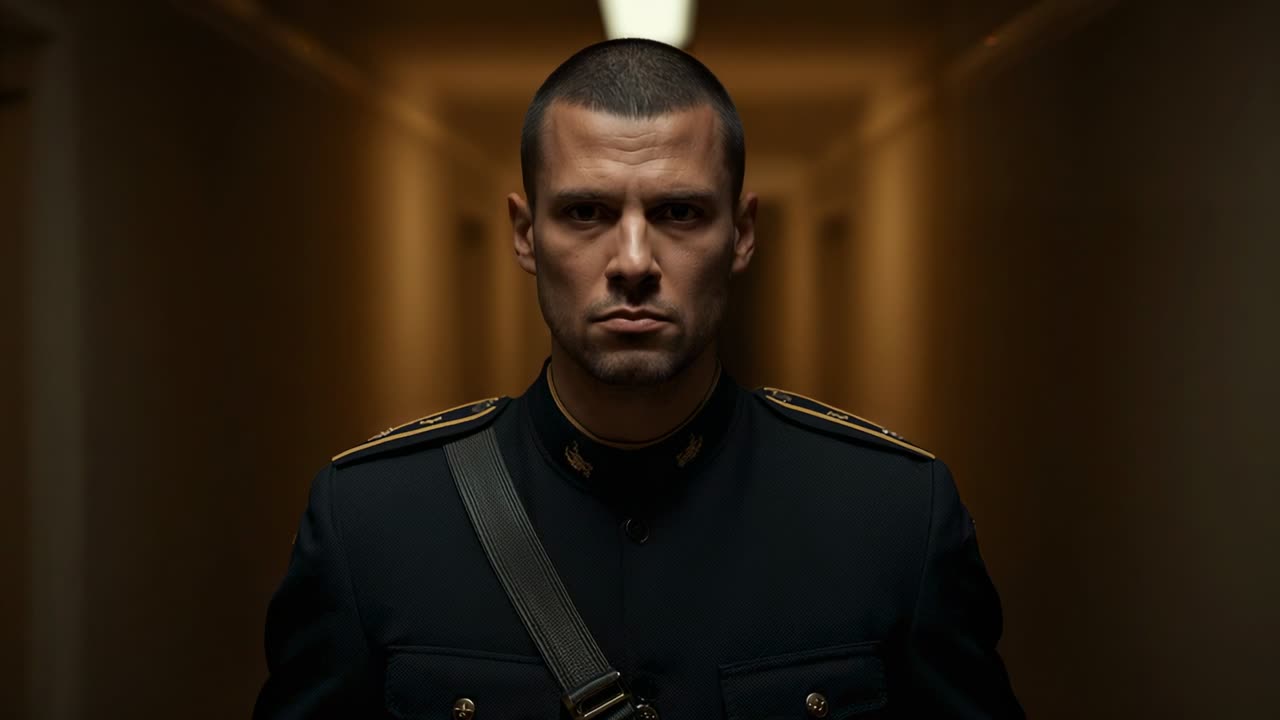 Raising uniformed man lifting head after light cue, meeting gaze in amber-lit corridor, epaulettes