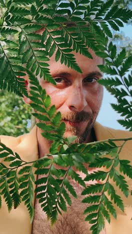 man hiding behind ferns