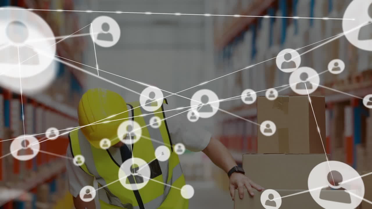 animación de la red de conexiones con iconos sobre trabajador masculino caucásico sobre almacén.