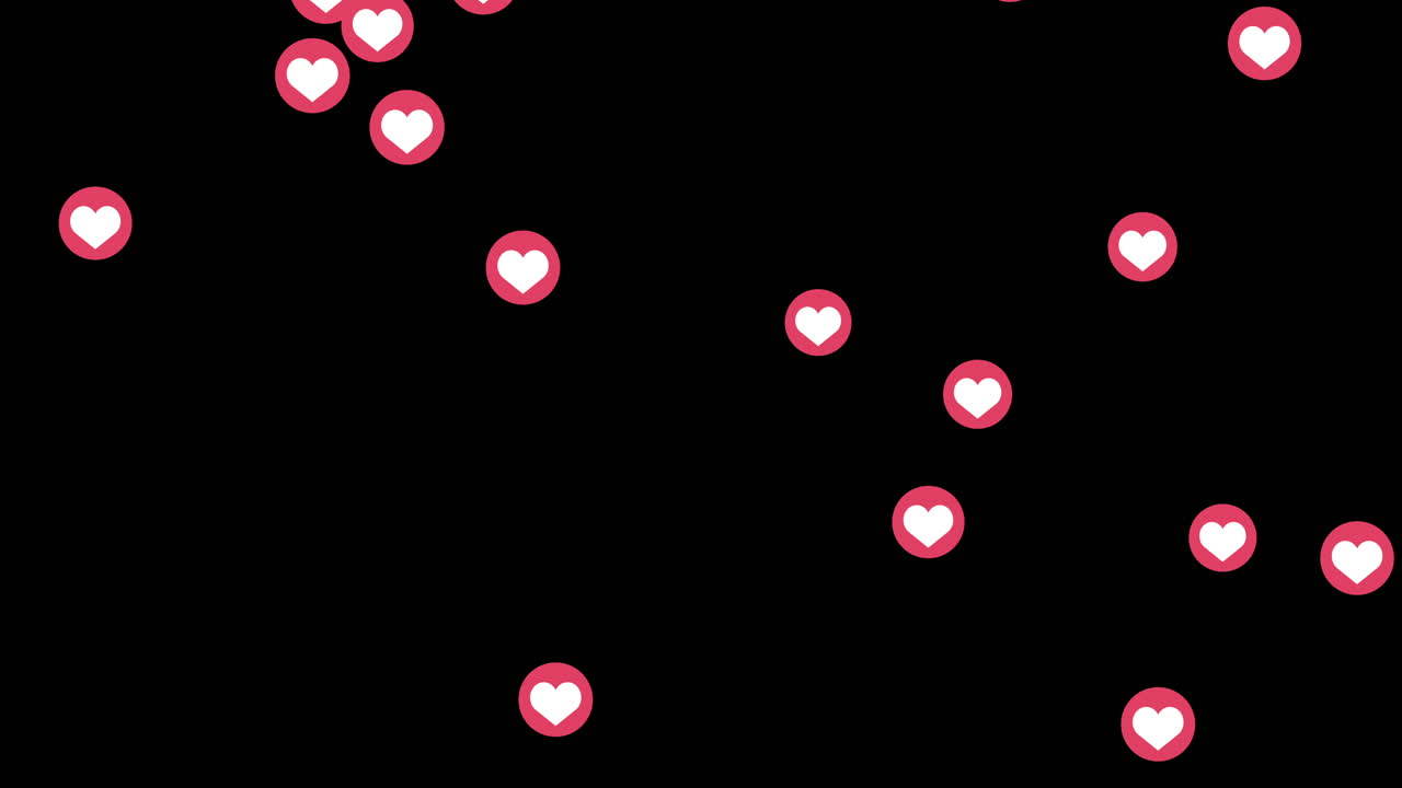 Heart symbol in a red circle falling from top to bottom on a bkack background. Animation overlay for social networks. Like sign.