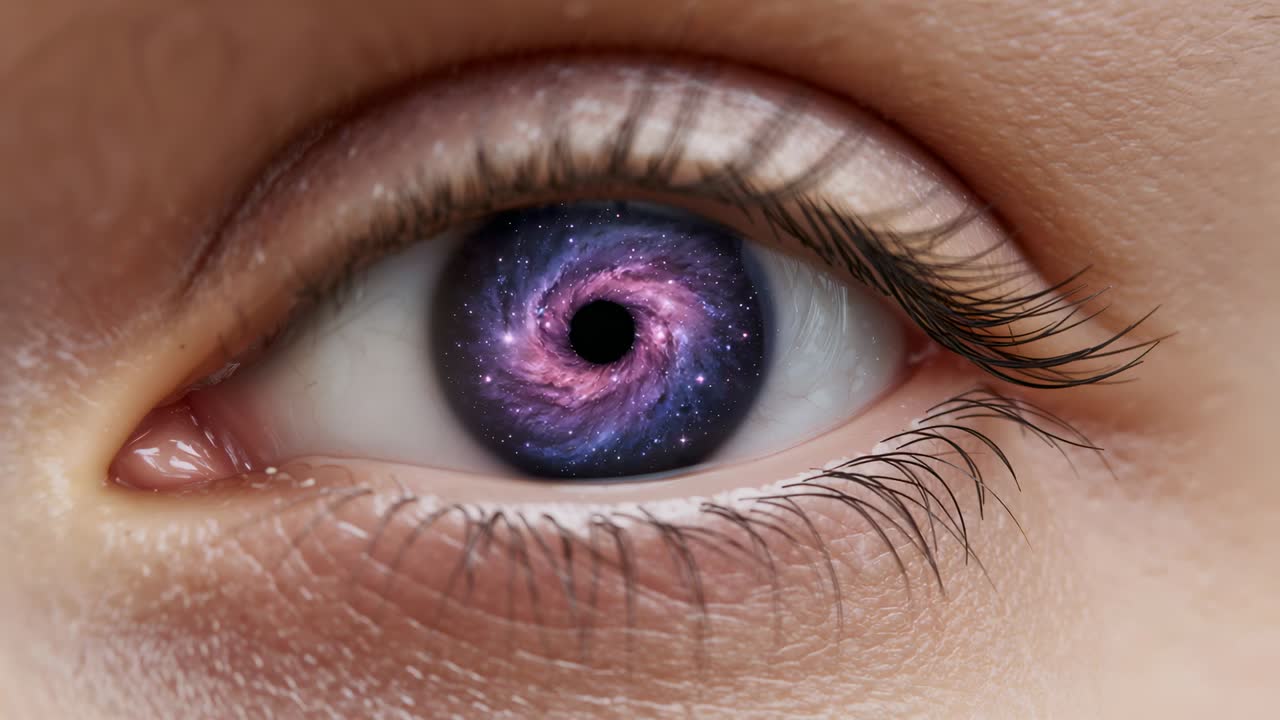 Playing tight facial close-up, single human eye showing rotating purple-pink galaxy spiral in iris