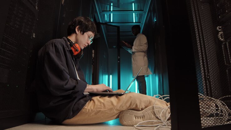 Two IT Administrators Working on Laptops in Server Room