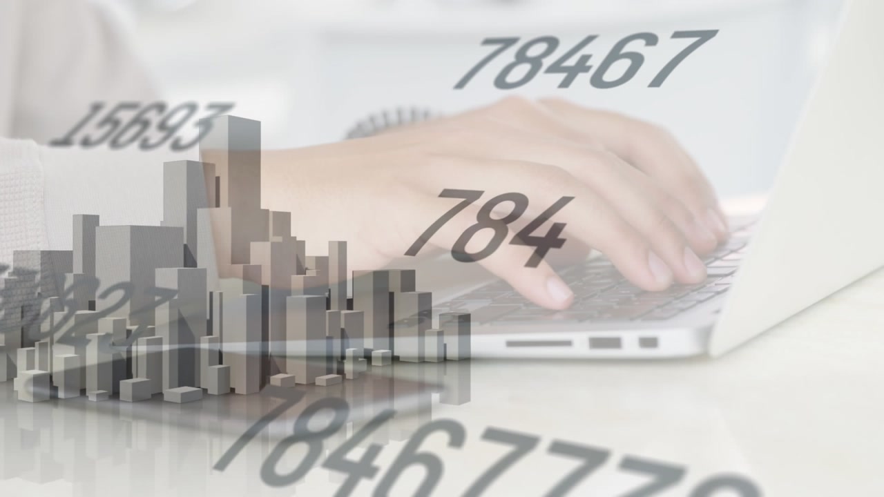 Animation of changing numbers and 3d city model against mid section of man using a laptop