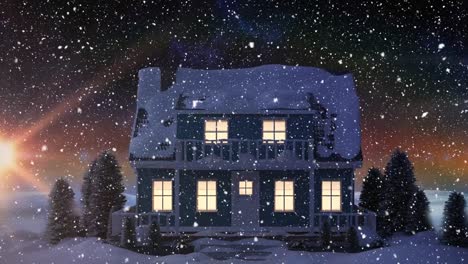 animation of white christmas snowflakes falling at night over snow covered house and garden