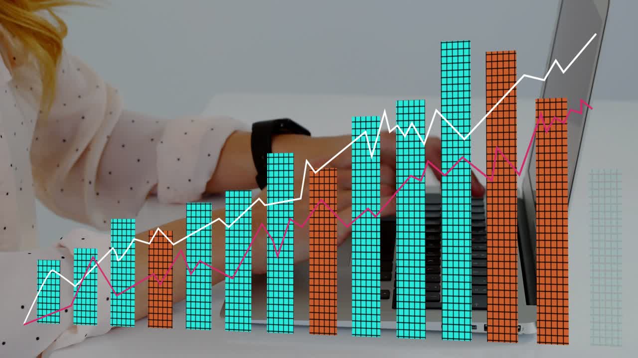 Woman typing on laptop and generating finance bar charts over desk with trend lines for insight