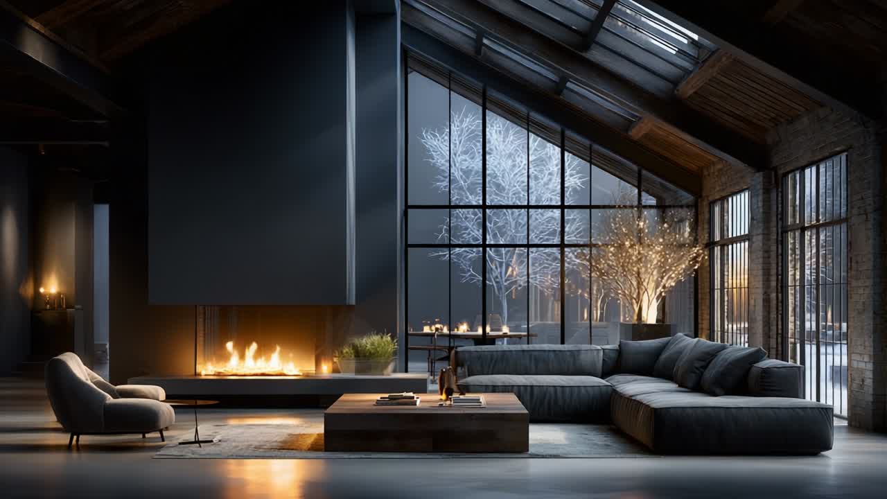 A Cozy Modern Living Room with a Stylish Fireplace, Soft Lighting, and Elegant Décor, Showcasing a Beautiful Winter Setting Through Large Glass Windows That Enhance Its Sophisticated Ambiance