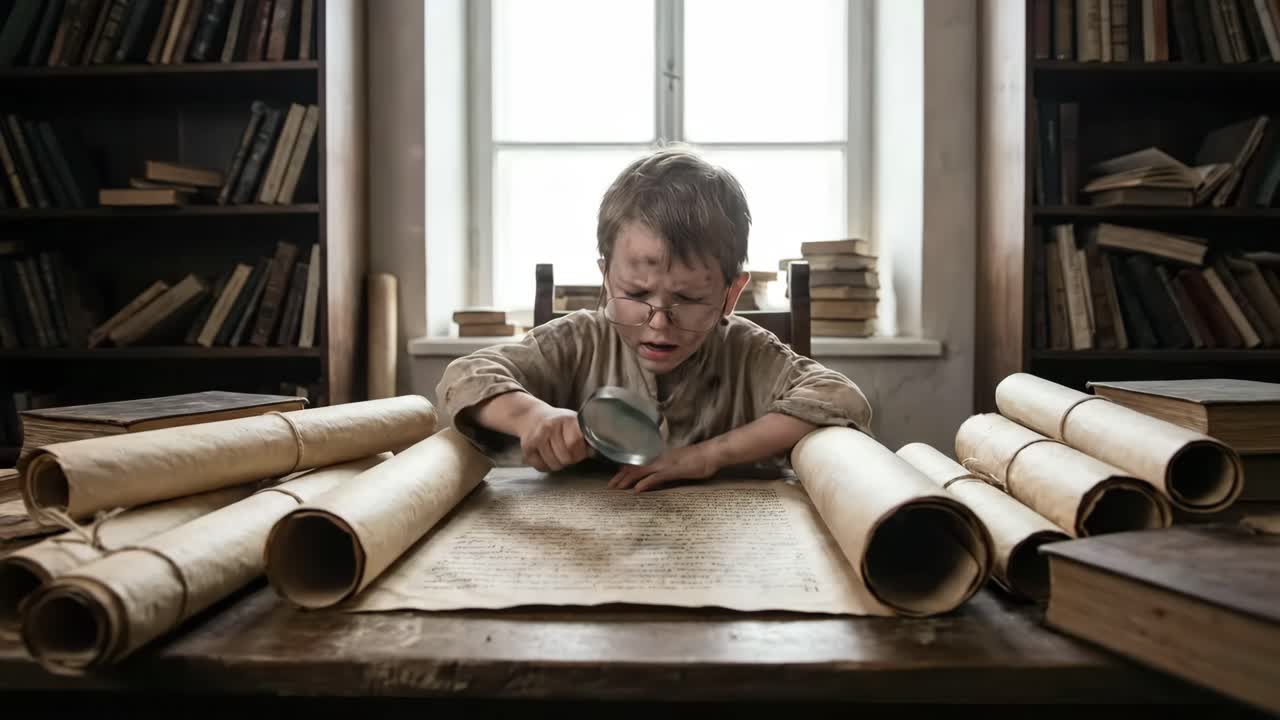 Junger Mann untersucht alte Schriftrolle mit Lupe in Bibliothek