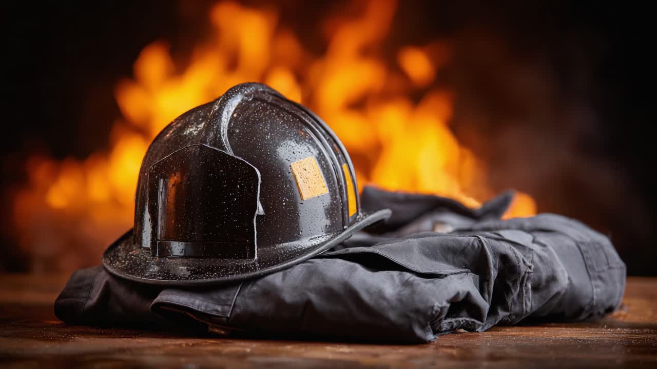 A Firefighter's Gear: A Close-Up on a Shiny Black Helmet Resting on Protective Clothing Against a Fiery Background, Symbolizing Bravery and Safety