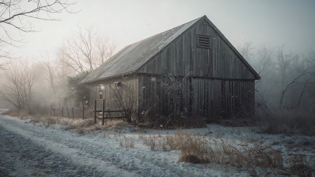Revealing slowly panning camera moving right to weathered wooden barn in frosty field, fog lifting
