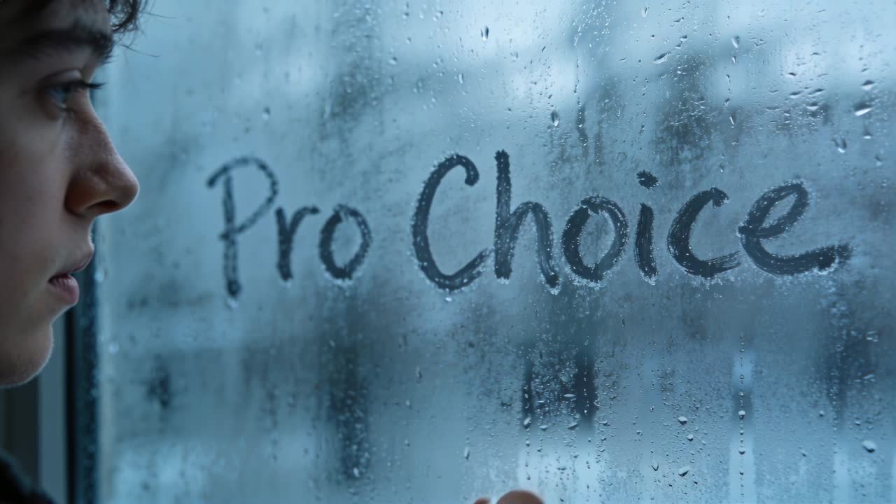 Tracing mist, teen writing Pro Choice on fogged window using finger, sweater, copy space