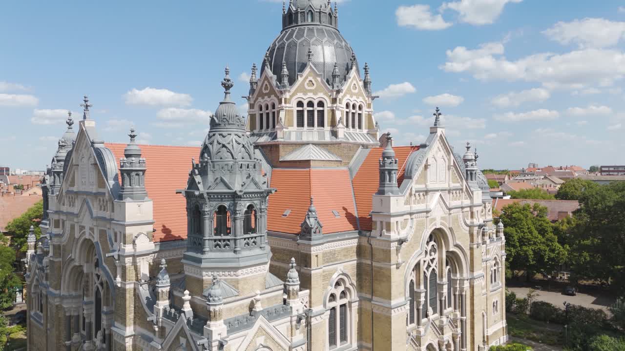 Close-up aerial view of Szeged Synagogue, highlighting its large dome and intricate architectural details