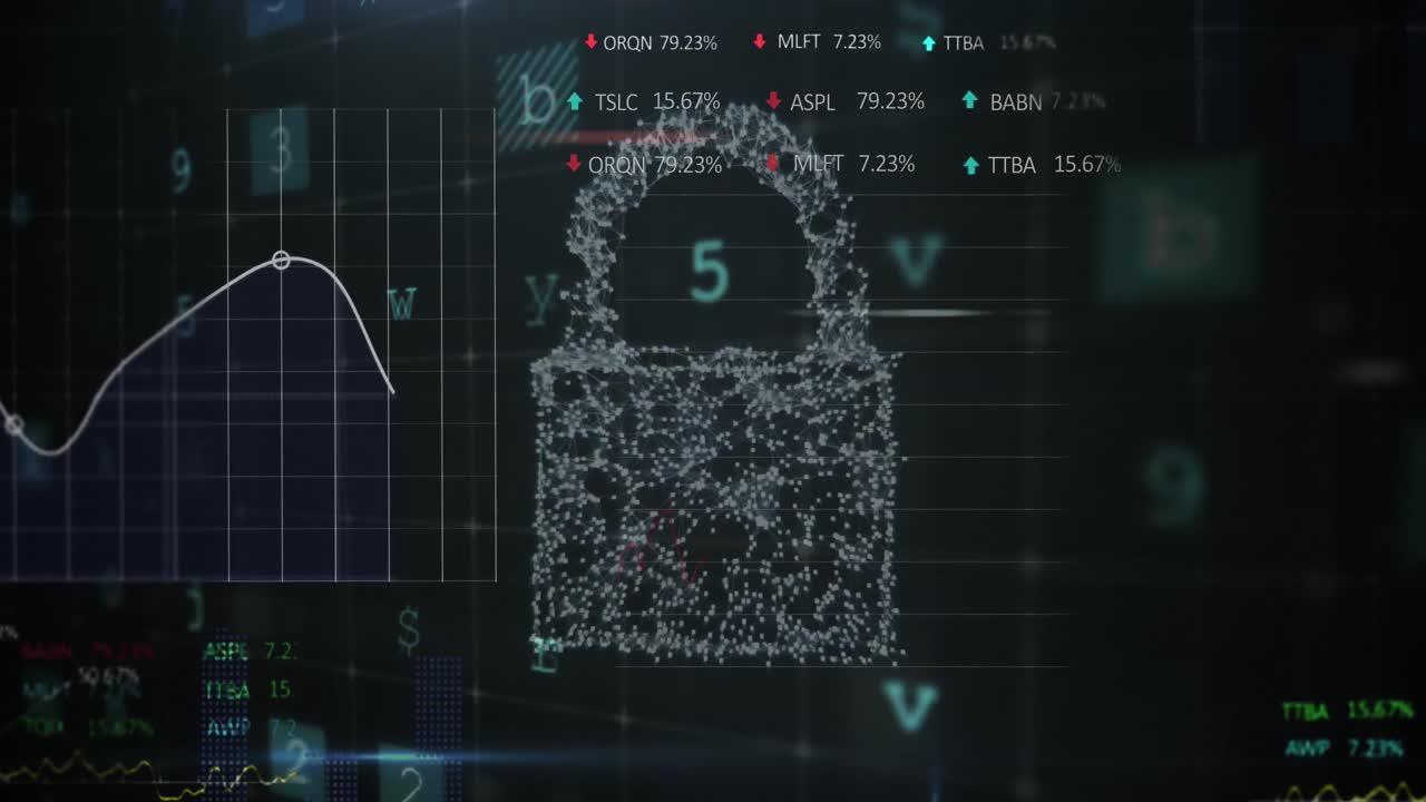 Animation of padlock icon and data processing over warning text