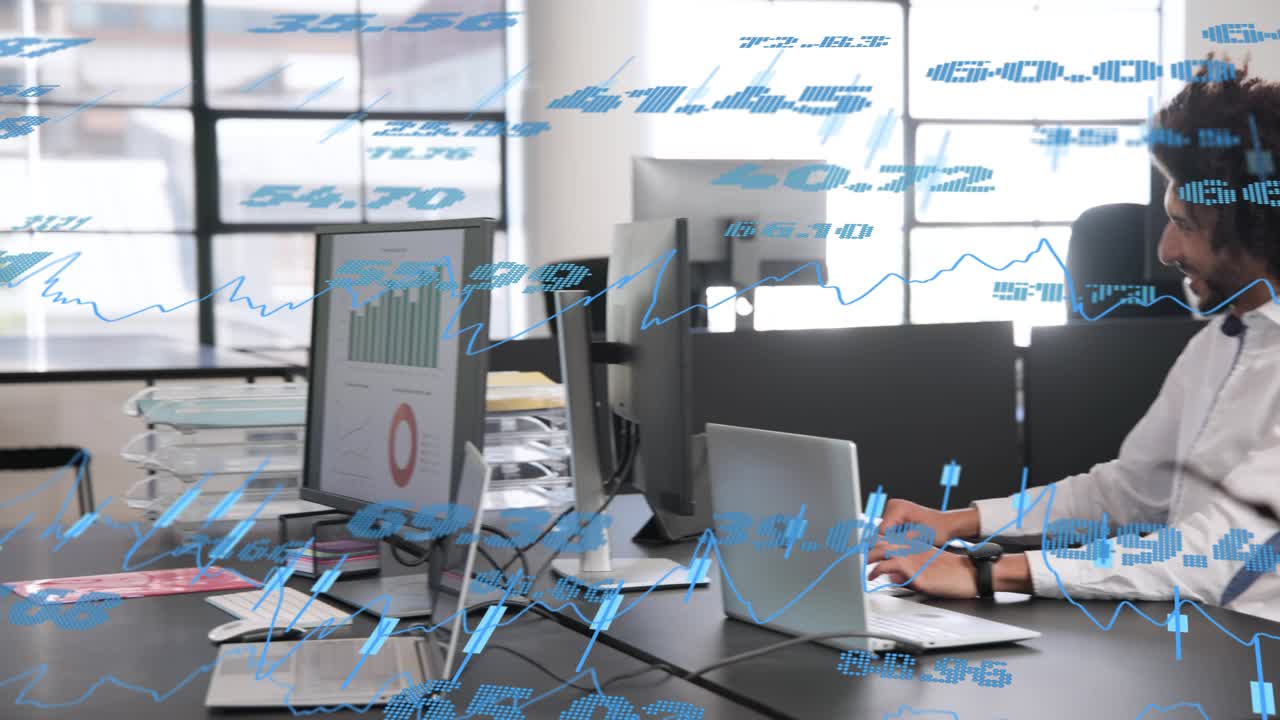 Analyst typing on PC while blue HUD sweeping monitors causing pausing gesturing resuming for data