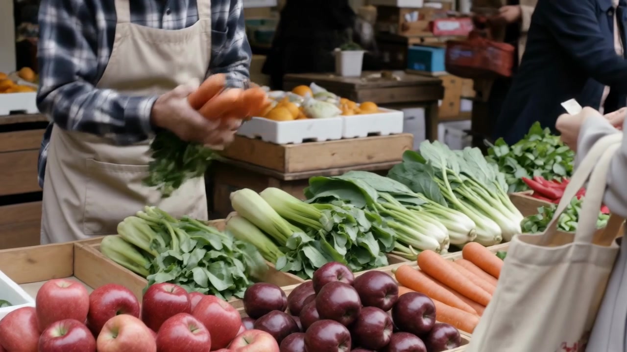 Walking customer with canvas tote offering cash, vendor in plaid selecting carrots at stall