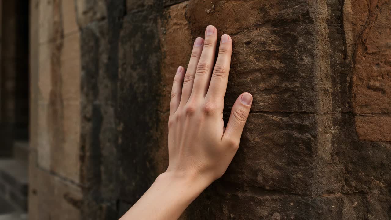Reaching bare right hand pressing fingers and feeling texture on stone column at exterior facade