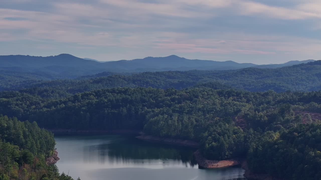 Hazy day over Lake Near Murphy North Carolina drone view