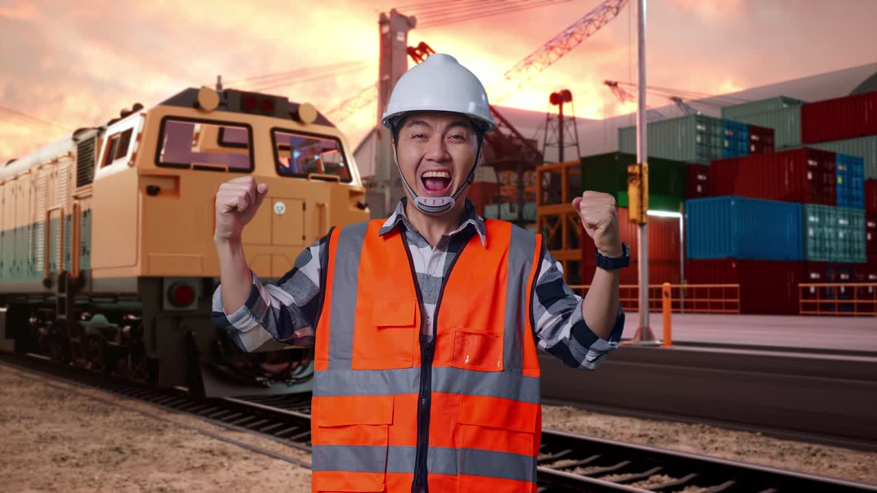 Happy Engineer Celebrating Success at Port