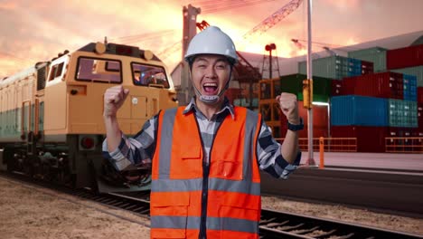 happy engineer celebrating success at port