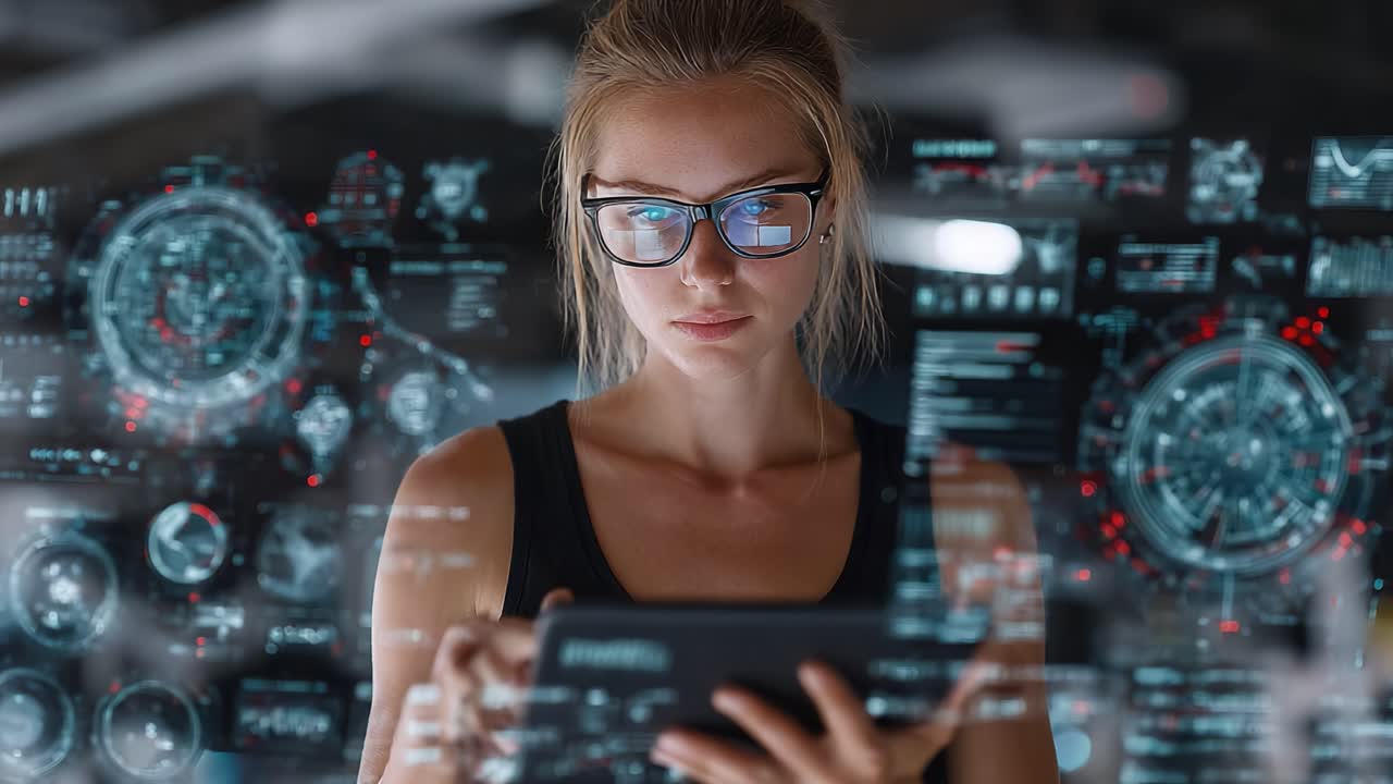 A focused young woman engages with a digital tablet amidst a complex display of futuristic data interfaces, symbolizing innovation and technological advancement