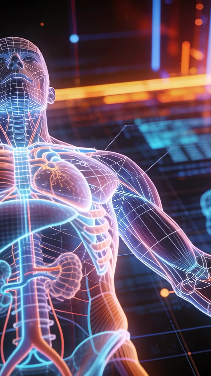 Vertical video: Rotating holographic torso responding to data burst at virtual HUD, pulsing heart