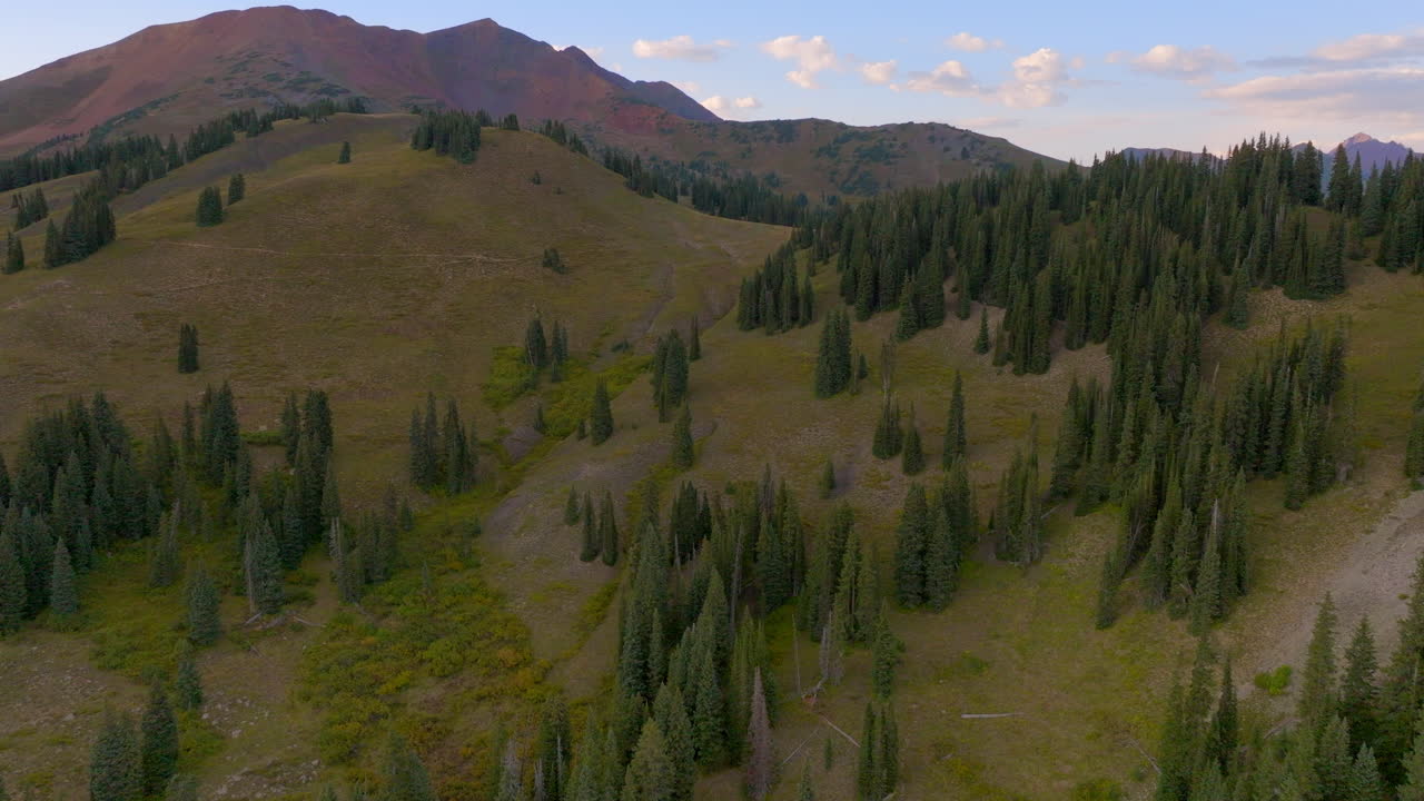 volando sobre los árboles hacia una cresta y un pico montañoso en las montañas rocosas de colorado en un hermoso día de verano
