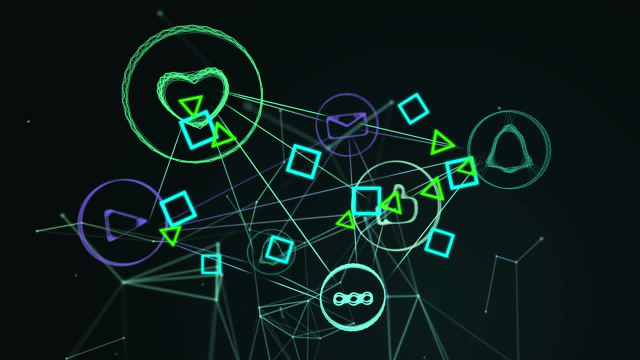 red de iconos digitales contra un fondo negro