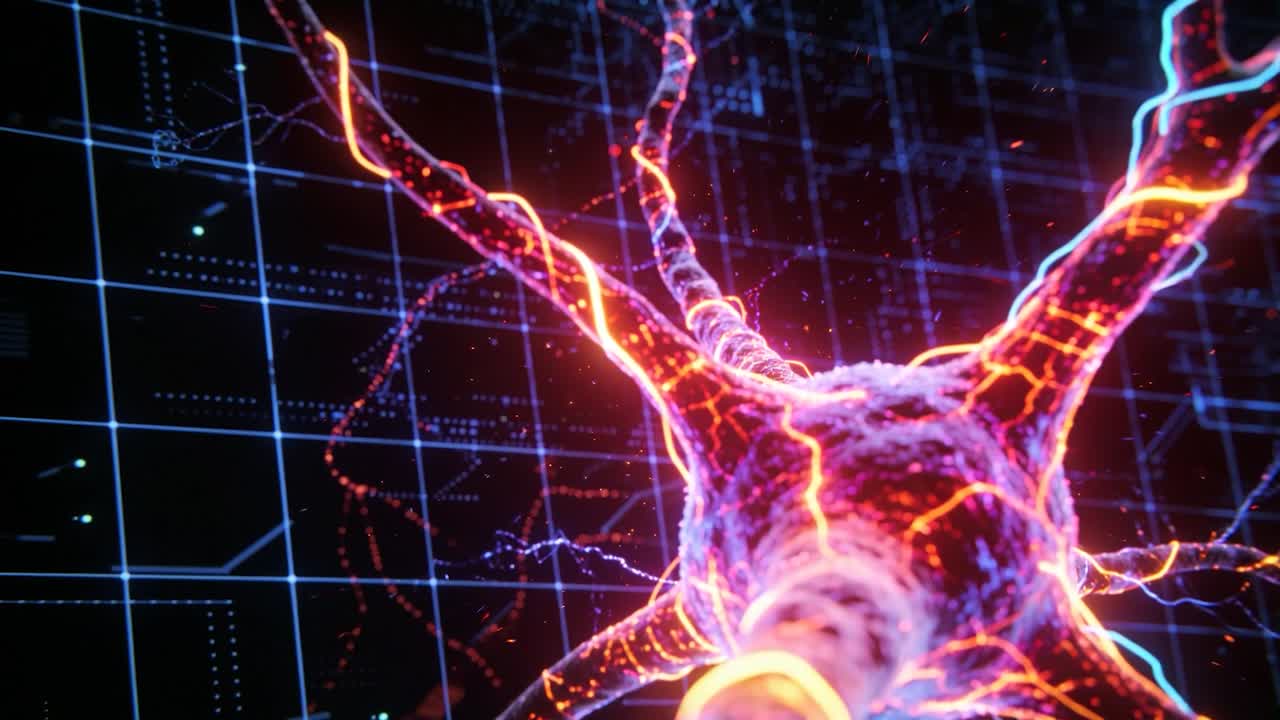 Akson nærmer sig og aktiverer pulserende nervecellekrop, der sender impulser mod et HUD-gitter til forskning.