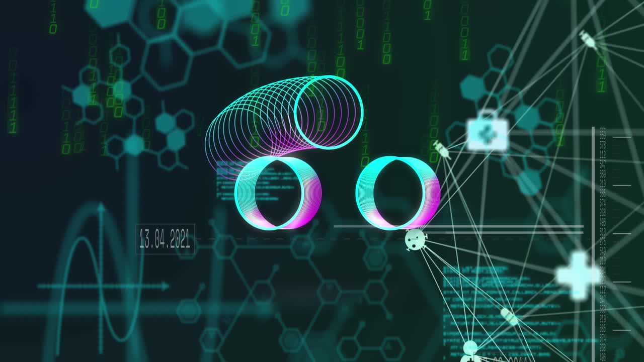 Animation of abstract spring shape and binary coding against medical data processing