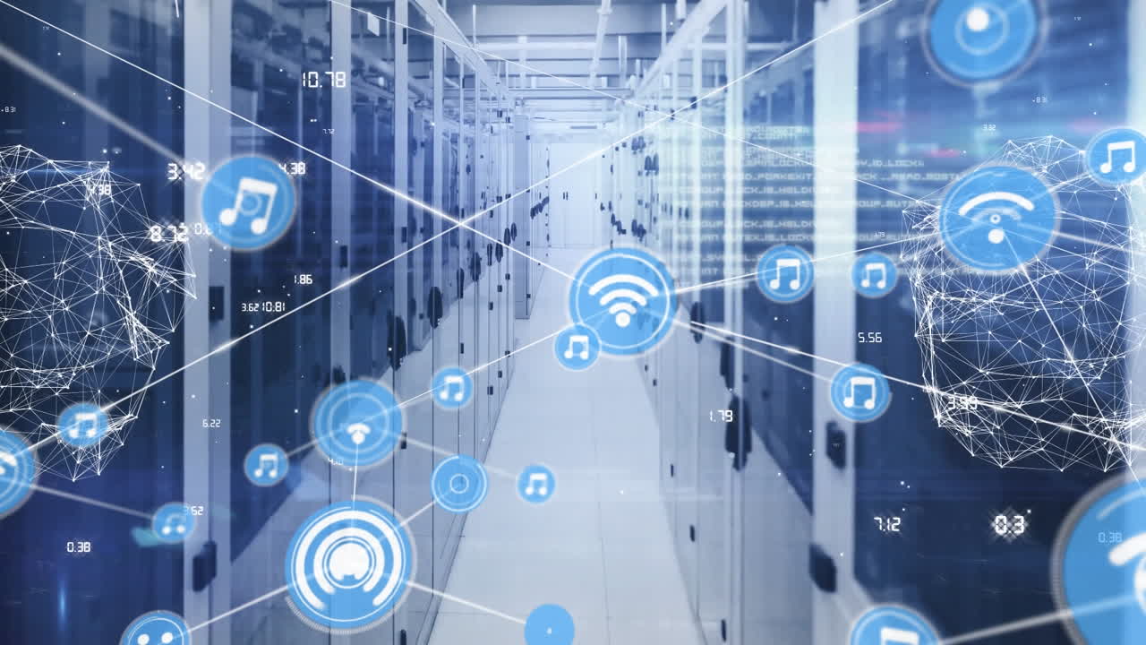 animazione della rete di icone digitali, globo della rete di connessioni contro la sala server del computer