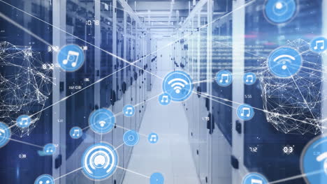animation of network of digital icons, globe of network of connections against computer server room