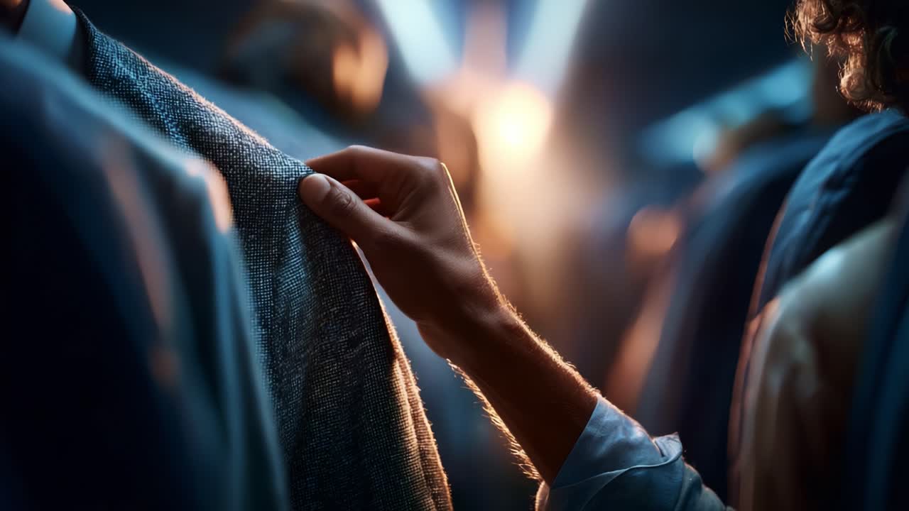 A Hand Choosing Fabric in the Spotlight: The Art of Tailoring and Fashion Design Illuminated by Stage Lights and Personal Attention to Detail in a Vibrant Collection Setting