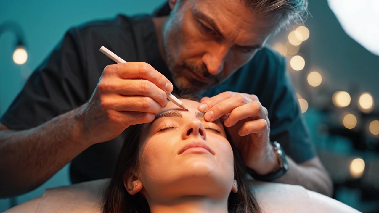 A skilled professional meticulously shapes a client's eyebrows in a serene setting, highlighting the artistry involved in beauty enhancement procedures.