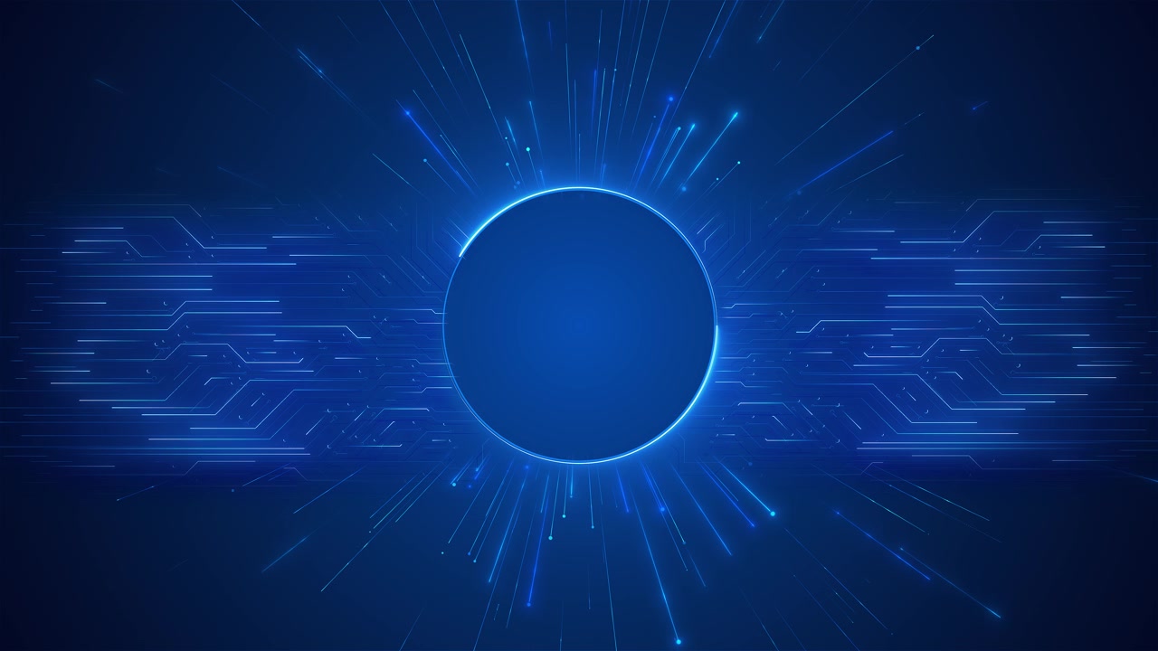 Futuristic blue tech circle visual central glowing disc circuit style paths and radiant digital