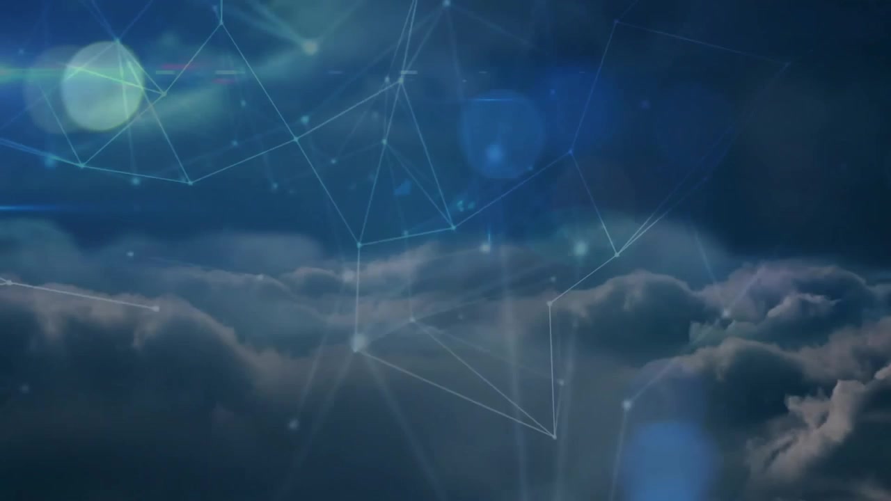 Faint nodes appearing top, lines growing and pulsing as camera tilting showing network over clouds