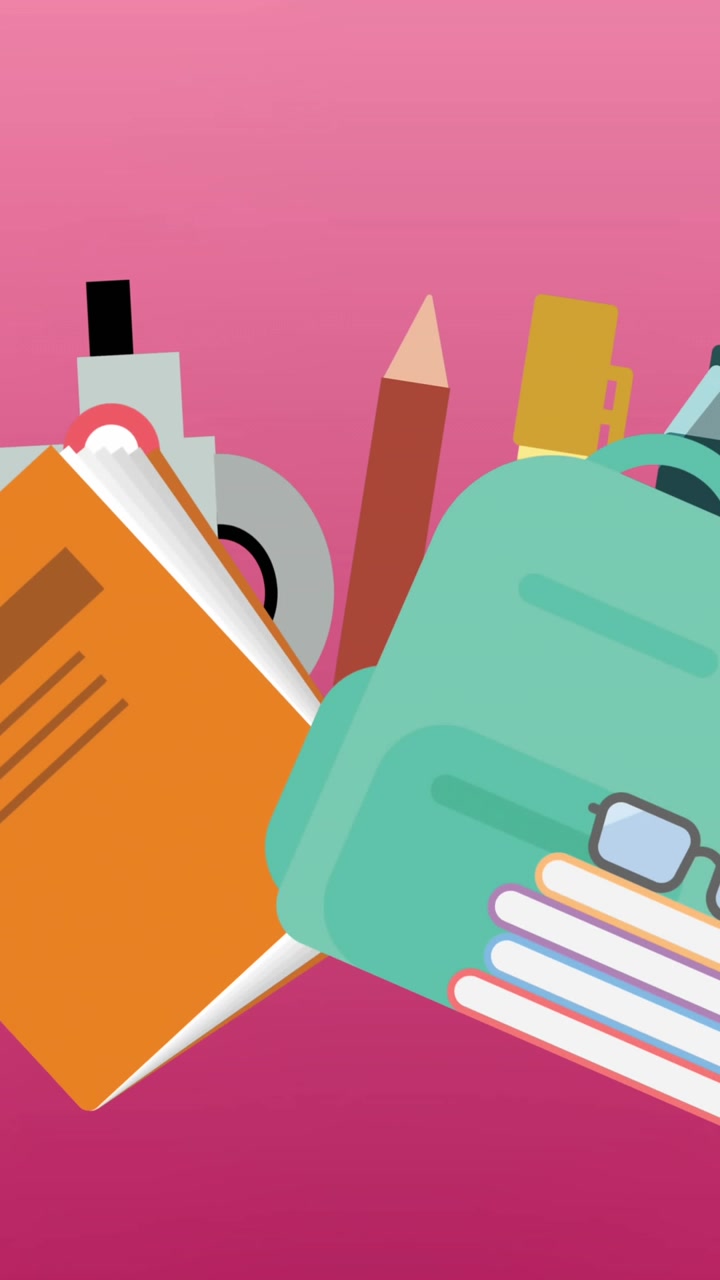 Animation of multiple school concept icons against copy space on pink gradient background