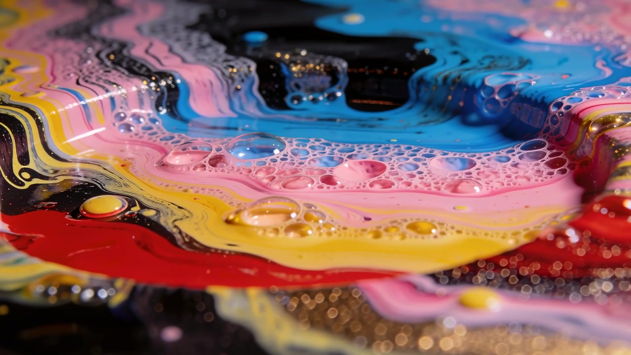 Vertiendo pintura húmeda y vívida que se asienta en un panel mientras la gravedad arrastra las capas, formando burbujas y escamas de mica.