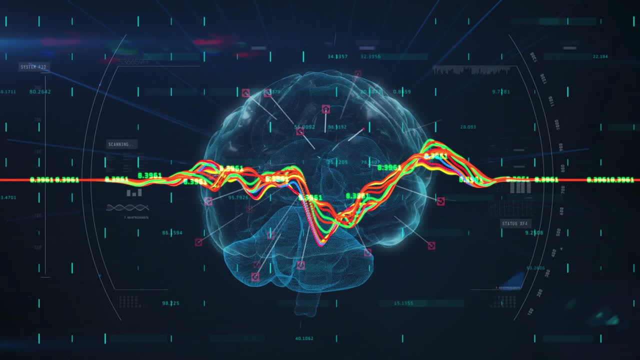 데이터 처리에 대한 디지털 두뇌의 애니메이션