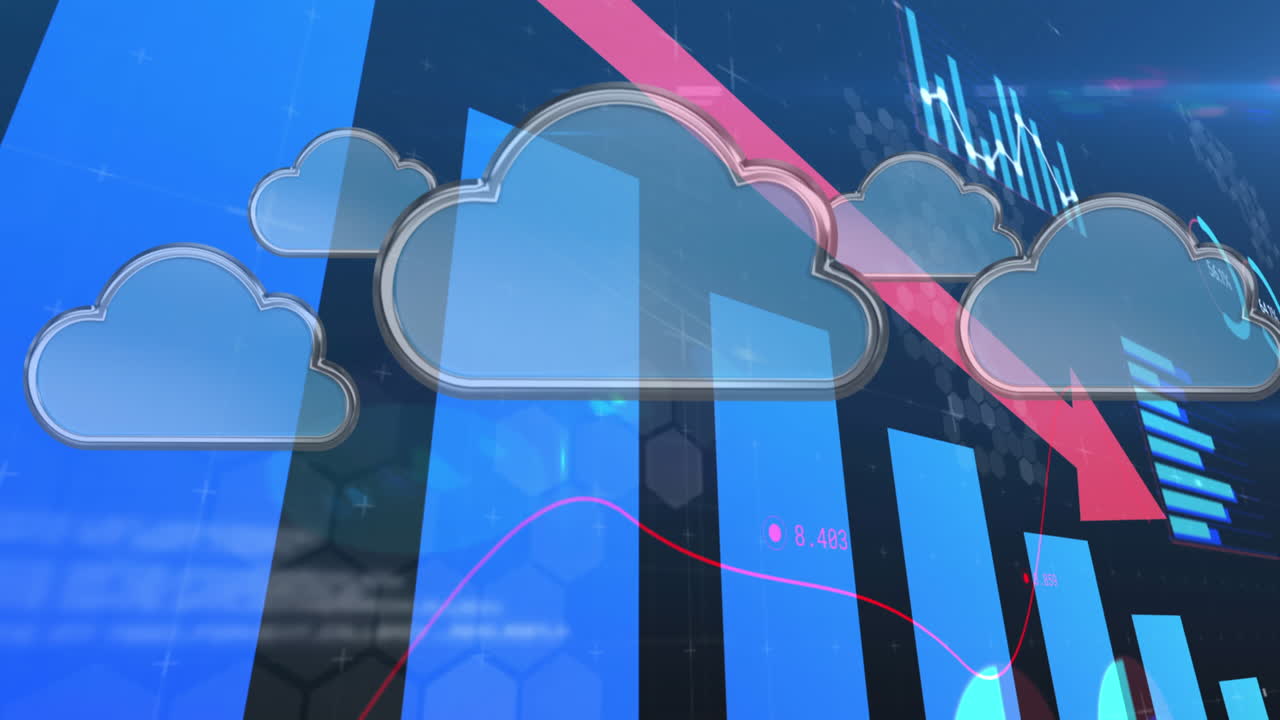 animación del procesamiento de datos financieros con flecha descendente rosa y nubes digitales