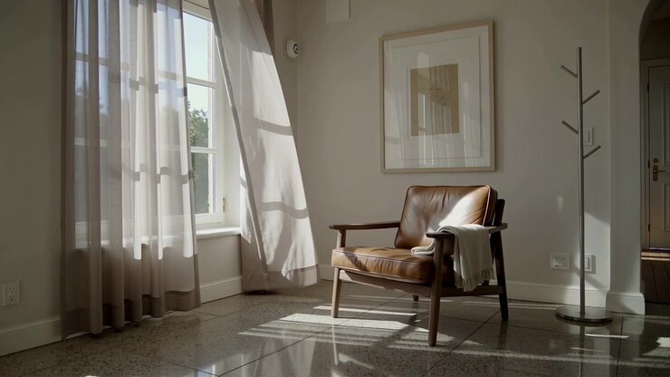 Tende che ondeggiano sollevate dalla brezza della finestra, luce che si sposta sulla poltrona in pelle con un plaid a casa