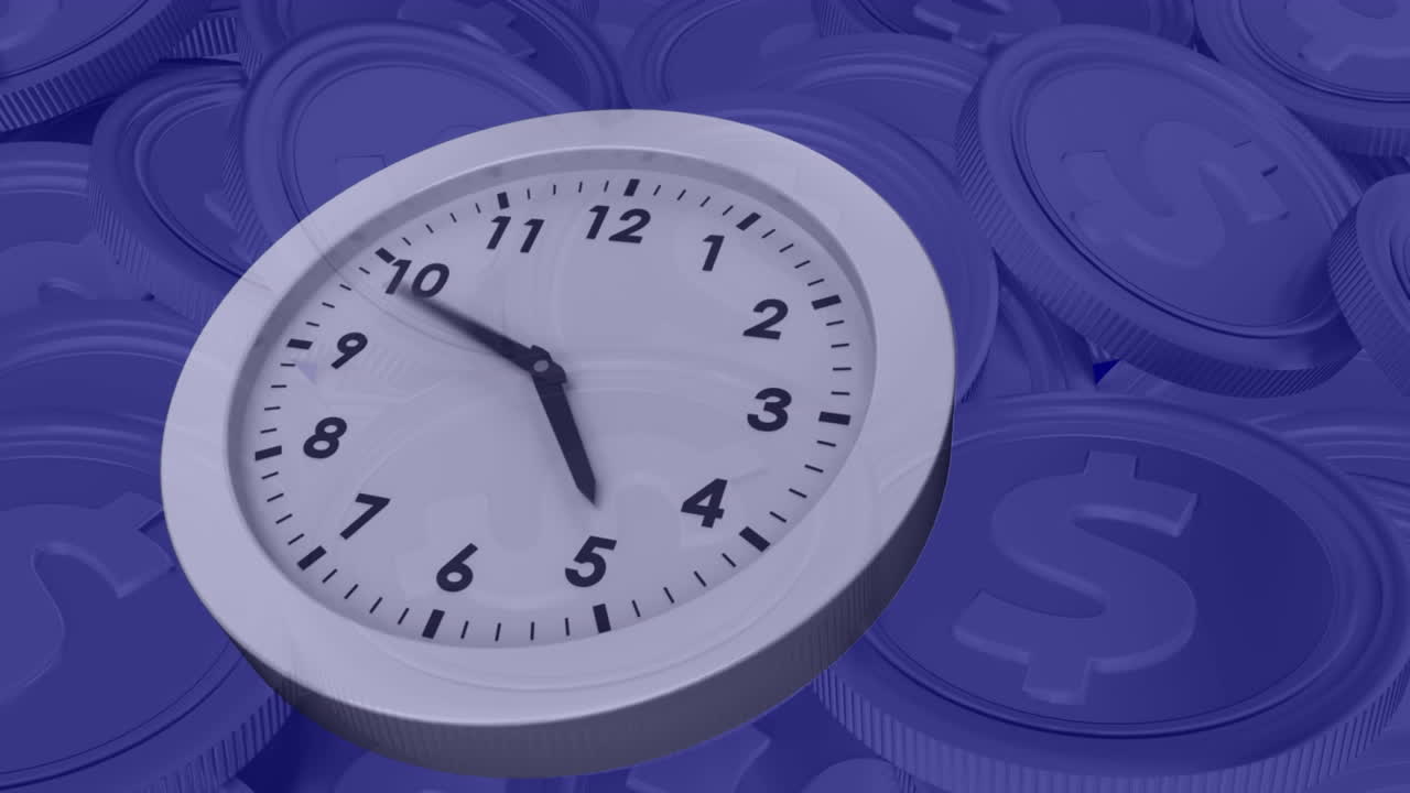 animación digital del reloj y las monedas de centavos de dólar contra un fondo azul