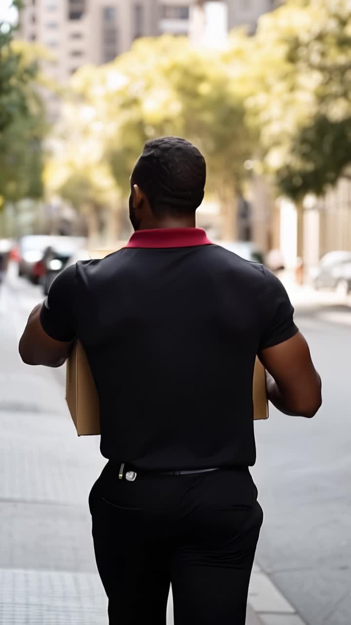 A Smiling Delivery Professional Carrying Packages Through a City Street While Showcasing Strong Physical Presence in Professional Attire and Urban Setting