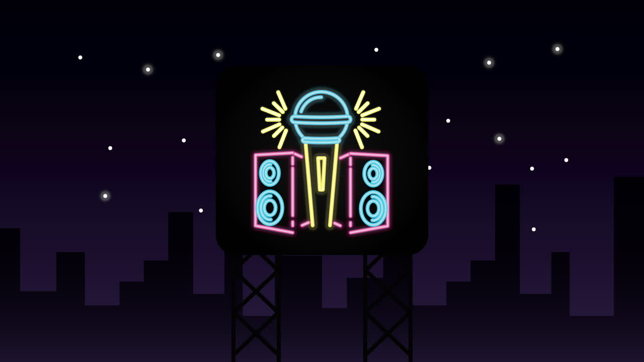 네온 조명 카라오케 라벨과 함께 벽