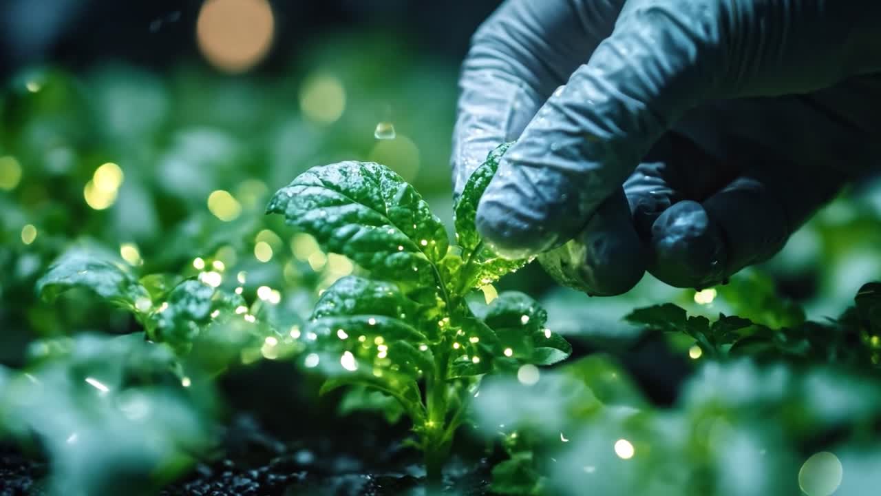 Scientist examining glowing sapling