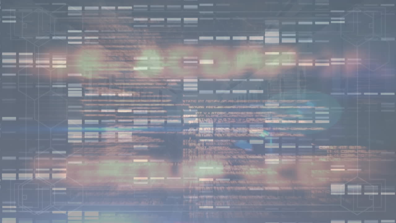 Animation of mosaic squares over screens with data processing against grey background